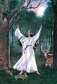 Priestess in grove with animals.